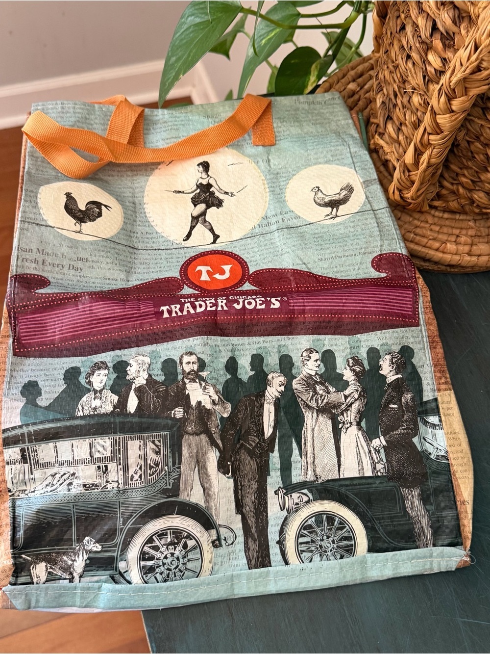 Trader Joe's Chicago regional reusable grocery tote, featuring a vintage-style